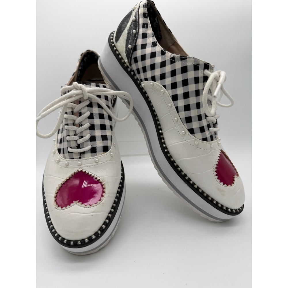 Betsey Johnson Marti Platform Oxfords Womens 7.5 White Gingham Heart Good